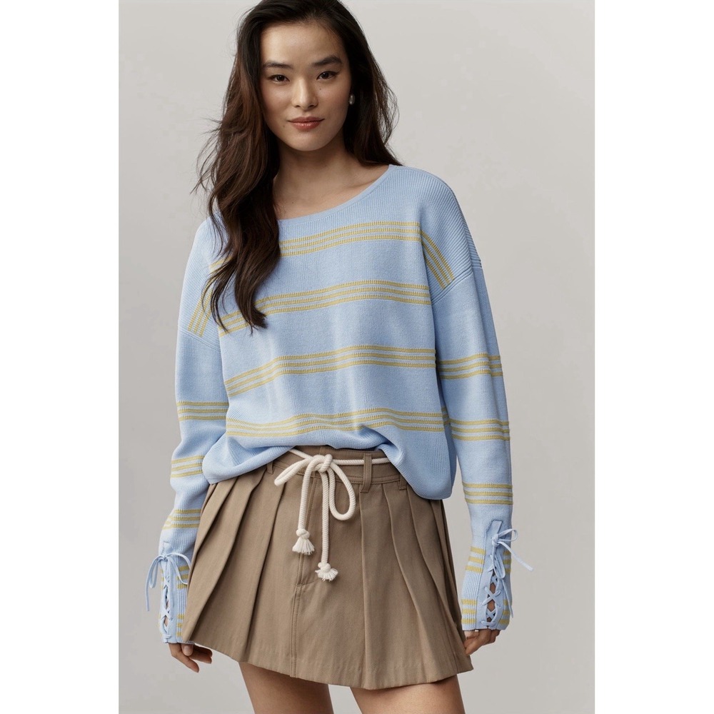 Maeve Sweater Blue Yellow Striped Knit Size XL Boat Neck Pullover Lace-Up Cuffs